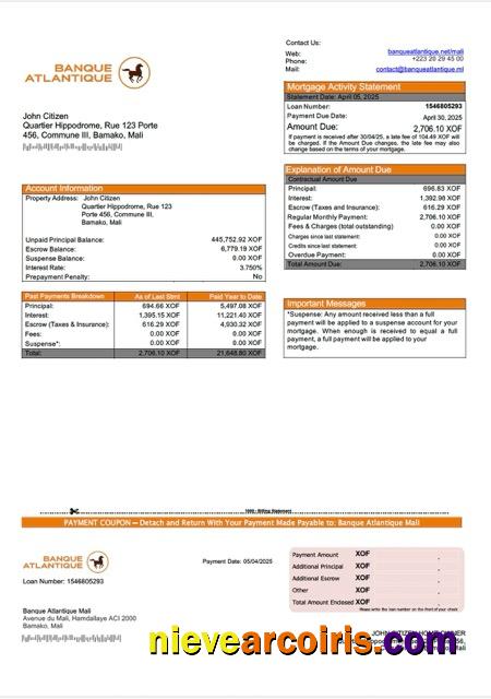 Mali Banque Atlantique Mali mortgage statement Word and PDF template